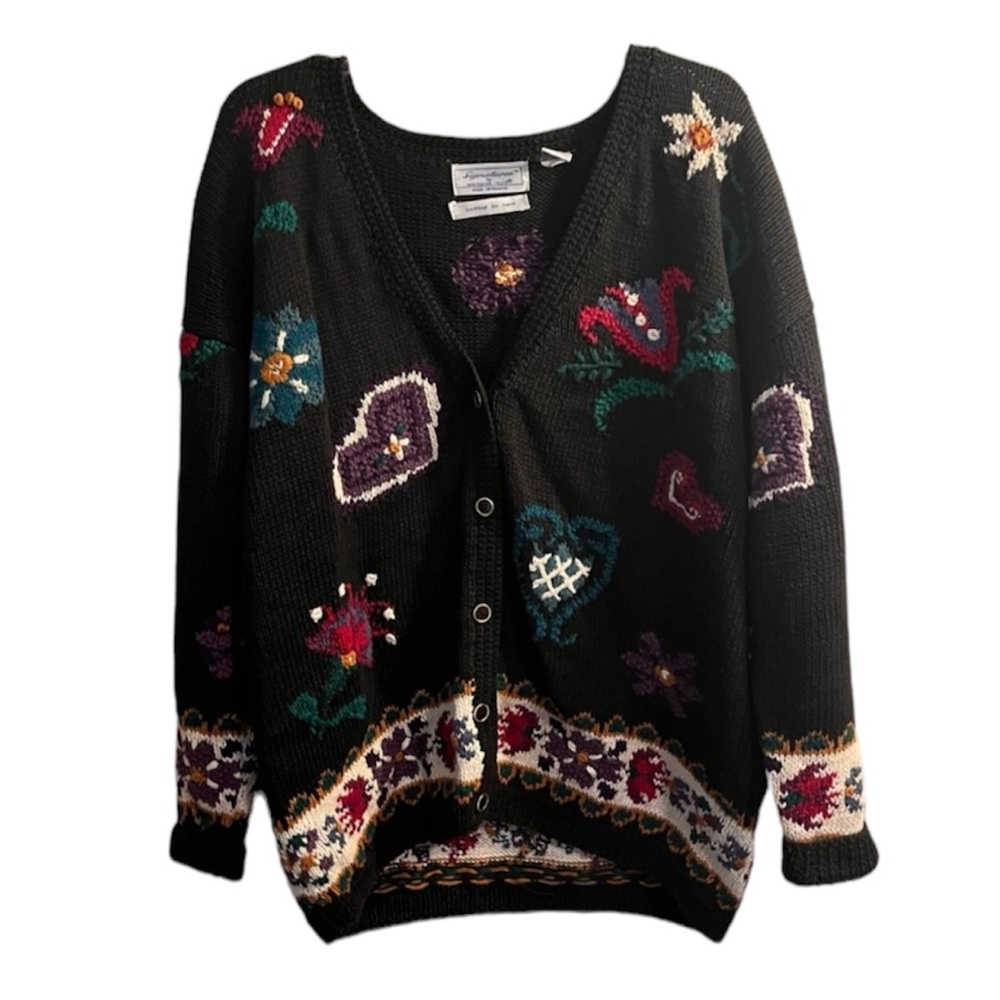 Vintage Northern Isles Handmade Knitted Floral Heart Novelty Sweater